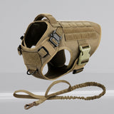 Happy Animalia tan nylon tactical dog harness with leash, adjustable vest with MOLLE system and handle.