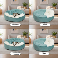 Happy Animalia teal orthopedic dog bed with plush white lining and integrated blanket for small dogs and cats.