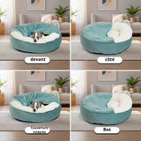 Happy Animalia teal orthopedic dog bed with plush white lining and integrated blanket for small dogs and cats.