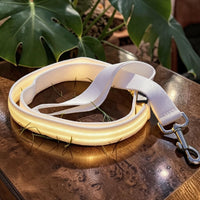 Happy Animalia white nylon LED dog leash with yellow light for night visibility, USB rechargeable.