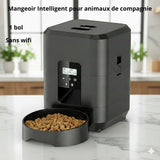 Happy Animalia black automatic pet feeder with one bowl, programmable for up to 4 meals and portion control.