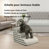 Happy Animalia beige pet steps with black and white checkered sides, ideal for elderly dogs accessing furniture.