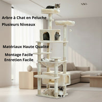 Happy Animalia multi-level plush cat tree with sisal scratching posts, hammocks, and hideaways. Beige.