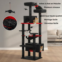 Happy Animalia multi-level black plush cat tree with red accents, sisal scratching posts, and hanging toys.