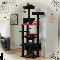 Happy Animalia multi-level black cat tree with red accents, sisal scratching posts, and plush platforms. Features multiple levels, hideaways, and hammocks for cats.