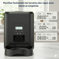 Happy Animalia black smart pet feeder with programmable meal times and portion control, features a digital display and a large capacity food reservoir.