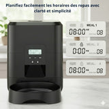 Happy Animalia black smart pet feeder with programmable meal times and portion control, features a digital display and a large capacity food reservoir.
