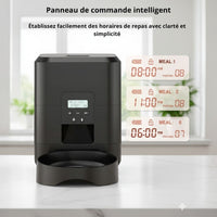 Happy Animalia black smart pet feeder with programmable meal times and portions, remote control via app.