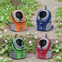 Happy Animalia foldable, breathable dog hiking backpack with mesh ventilation and safety straps. Available in orange, blue, green, and red.
