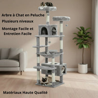Happy Animalia grey plush multi-level cat tree with scratching posts, hideaways, and platforms. Ideal for climbing and relaxing.