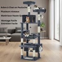 Happy Animalia multi-level grey plush cat tree with sisal scratching posts, hammocks, and hideaways for active cats.