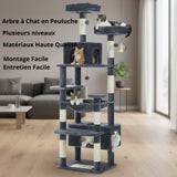 Happy Animalia multi-level grey plush cat tree with sisal scratching posts, hammocks, and hideaways for active cats.