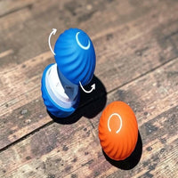 Happy Animalia blue and orange interactive dog toy ball with random movement for mental stimulation. Durable, non-toxic material.