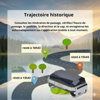 Happy Animalia GPS tracker for pets, showing historical route with timestamps and locations on a map. Compact and black.