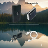 Happy Animalia GPS tracker for pets, black, compact, with USB charging cable and collar attachment.