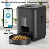 Happy Animalia black smart pet feeder with WiFi, programmable for 4 meals, remote control via app, large capacity, easy to clean.