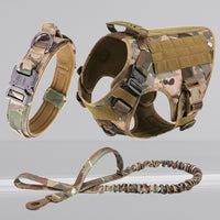 Happy Animalia 5-in-1 tactical dog harness and leash set in camouflage nylon. Features adjustable straps, padded lining, and MOLLE system.