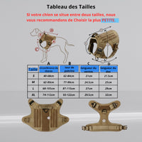 Happy Animalia tactical dog harness in tan nylon, 5-in-1 design with adjustable straps, padded lining, and MOLLE system.