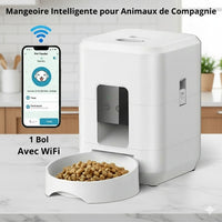Happy Animalia white smart pet feeder with WiFi control, programmable meals, and large capacity food storage.