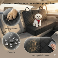 Infographie produit en français d'une couverture de siège auto pour chien installée dans un habitacle de voiture beige. L'image présente un petit chien blanc et trois zooms détaillant les caractéristiques : anti-griffures, étanche (gouttes d'eau) et anti-poils & boue (nettoyage au chiffon)