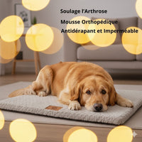 Coussin orthopédique pour chien Happy Animalia, recouvert de fausse fourrure imperméable et antidérapante. Soulage les douleurs arthritiques des chiens.