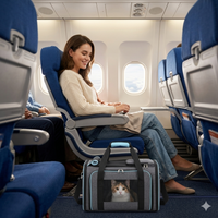 Sac de transport pour chat fermé gris et bleu, parfaitement positionné aux pieds d'une passagère sous le siège dans la cabine d'un avion de ligne.