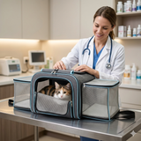 Une vétérinaire en blouse blanche examine un chat tricolore installé dans son sac de transport extensible gris et bleu posé sur une table de consultation en inox.