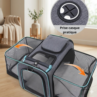Sac de transport pour animaux déplié sur un parquet, avec des flèches orange montrant l'ouverture des extensions en maille et un zoom sur l'œillet passe-câble intitulé "Prise casque pratique".